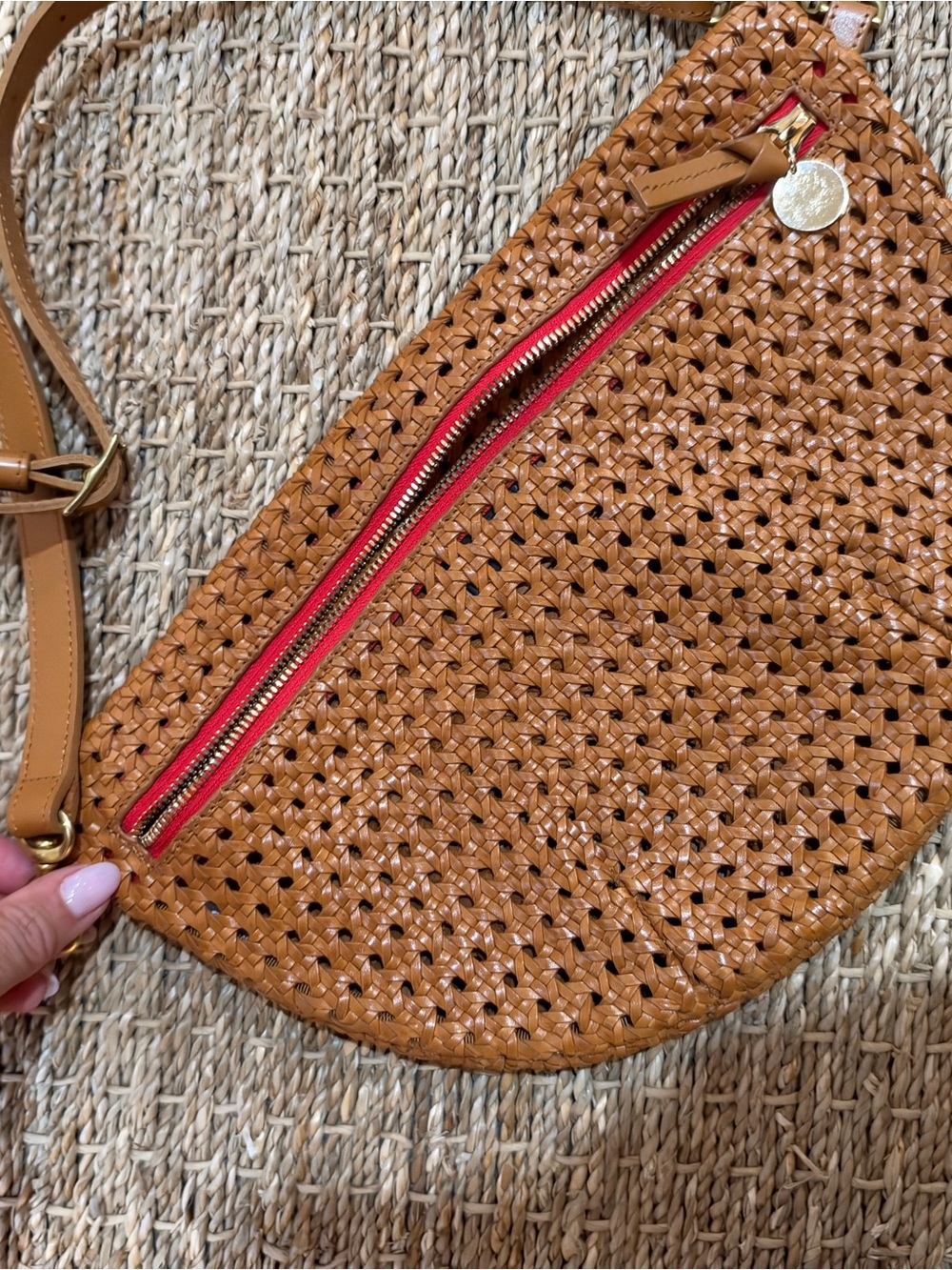 Clare V grande Fanny Tan Woven Crossbody with Red Zip